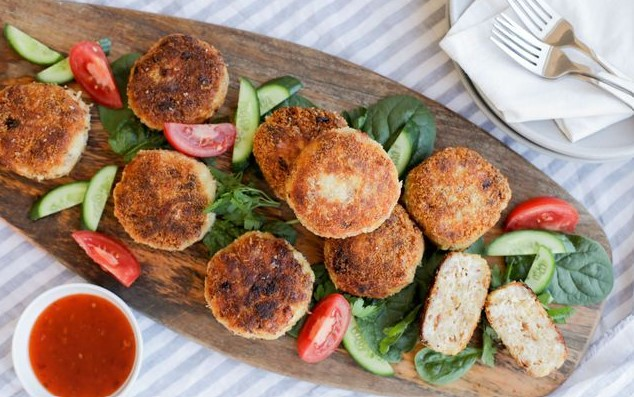 Chicken, Cheese and Bacon Rissoles with Rice & Vegetables